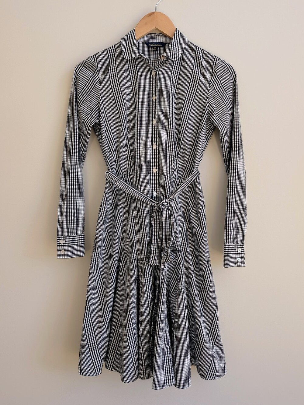 Brooks Brothers 100% Cotton Gingham Black White Pleated Flare Shirt Dress 2P